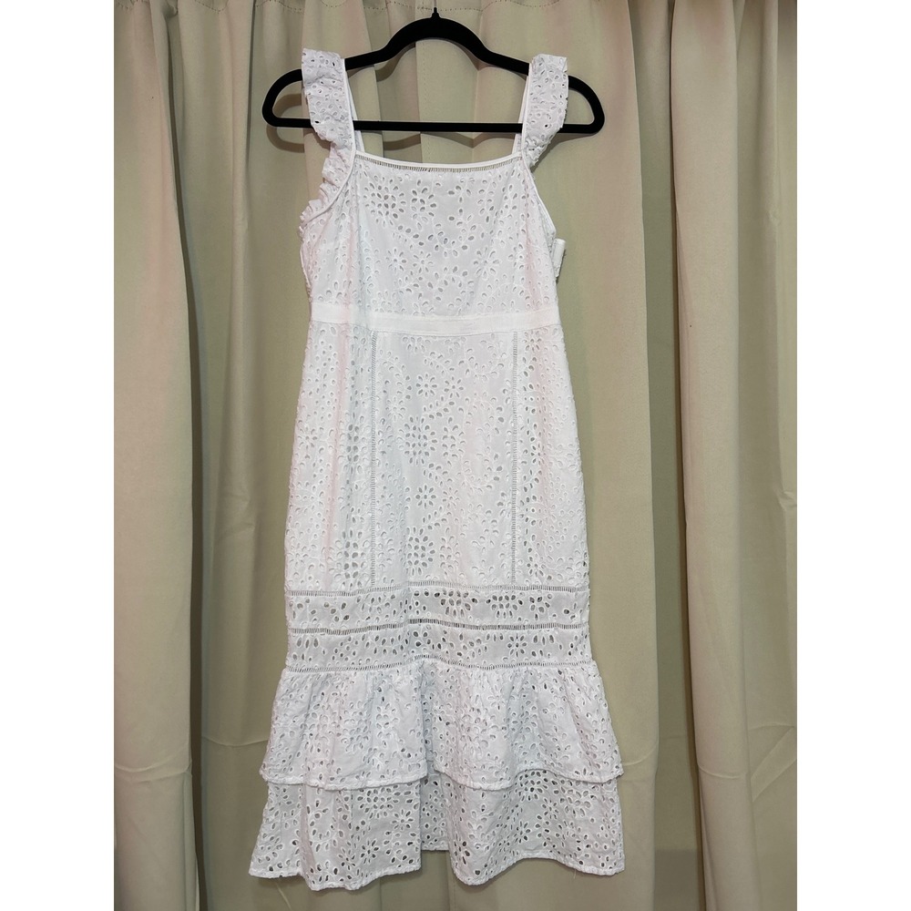 Banana Republic Cotton‎ Dress 4P White Eyelet Ruffle Strap Tiered Midi